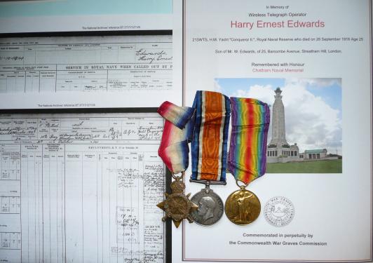 WW1 1914-15 Trio Casualty Group to Royal Naval Reserve (RNR) Telegraphist - Harry Ernest Edwards
