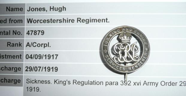 WW1 Silver War Badge (SWB) to Acting Corporal Hugh Jones, Worcestershire Regiment