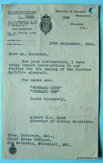 WW2 Original Official Press Communication Memorandum from Ministry of Aircraft Production - Spitfire