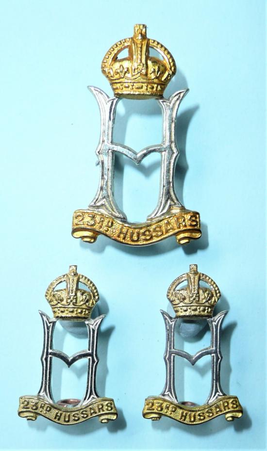 WW2 War Raised Unit  - 23rd Hussars Officers Matched Silver Plate and Gilt Cap and Collar Badge Set