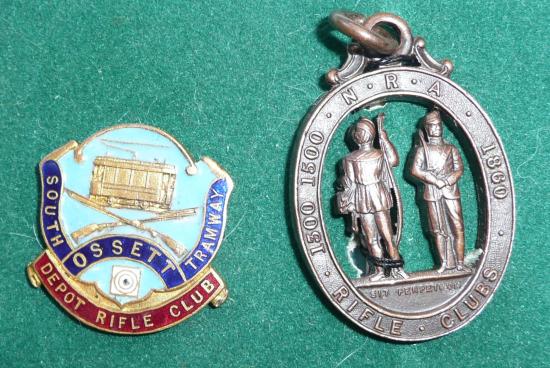 South Ossett (West Yorkshire) Tramway Depot Rifle Club Enamel Lapel Pin Badge and Bronze National Rifle Association (NRA) Club Medallion