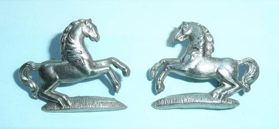 Rare 3rd Kings Own Hussars Rearing Horse White Metal Facing Pair Collar Badges