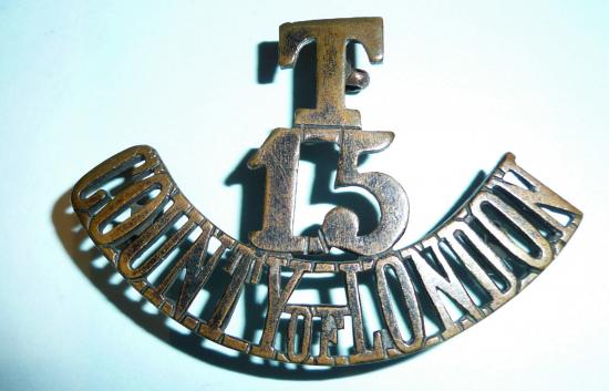 T / 15 / County of London Regiment (Civil Service Rifles) One Piece Blackened Brass Shoulder Title