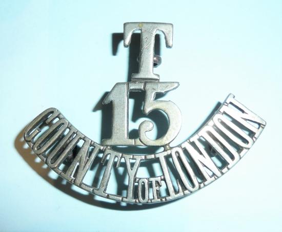 T / 15 / County of London Regiment (Civil Service Rifles) One Piece White Metal Shoulder Title