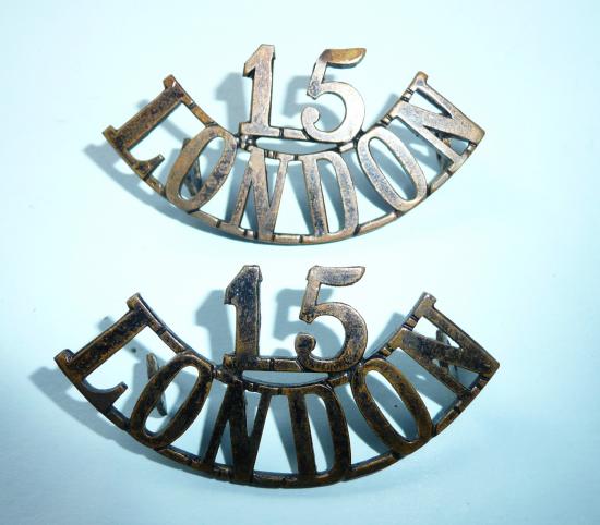 15 / London Regiment (Civil Service Rifles) Matched Pair of One Piece Blackened Brass Shoulder Titles