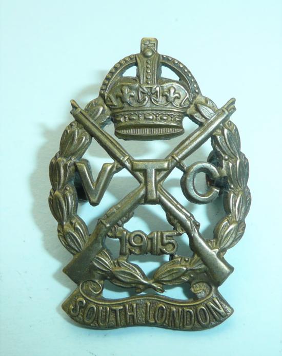 WW1 Home Front - South London Volunteer Training Corps (VTC) Gilding Metal Cap Badge - Gaunt Tablet