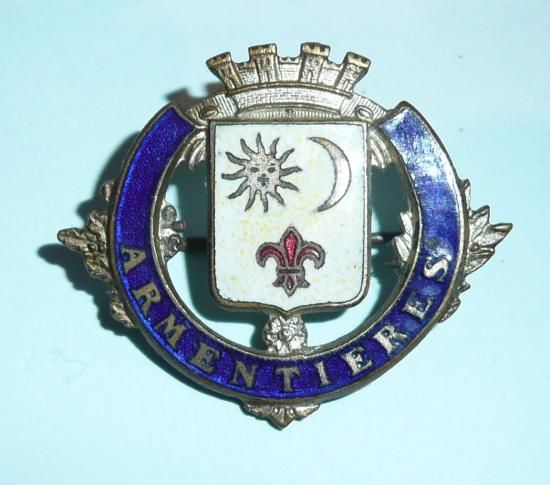 WW1 Armentieres French Town Souvenir Enamel and Silver Washed Brass Badge Pin Sweetheart Lapel