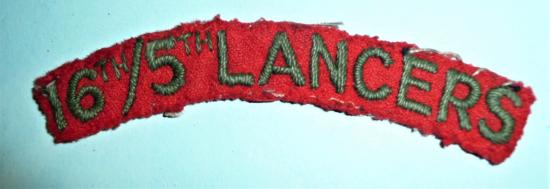 WW2 16th / 5th 16/5th Lancers woven green on red felt cloth shoulder title