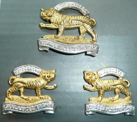 Royal Leicestershire Regiment Officers Silver Plated and Gilt Beret and Matching Facing Collar Badge Set