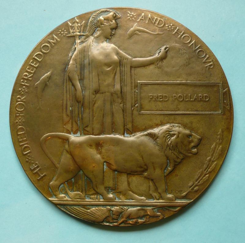 WW1 Memorial Death Plaque - Fred Pollard (multiple possibilities as to regiment / corps)