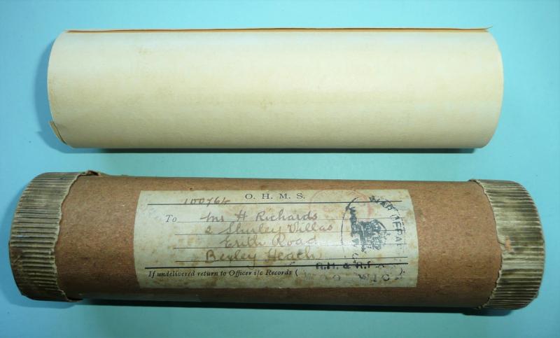 WW1 Memorial Scroll in Original Addressed Cardboard Tube - Driver George Henry Richards, Royal Field Artillery (RFA) Territorials