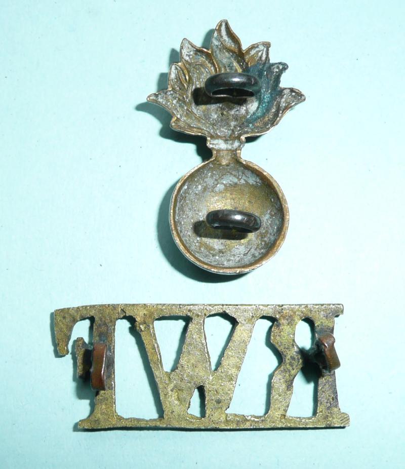 Grenade / RWF (Royal Welsh Fusiliers) Early Two Part Brass Shoulder Title