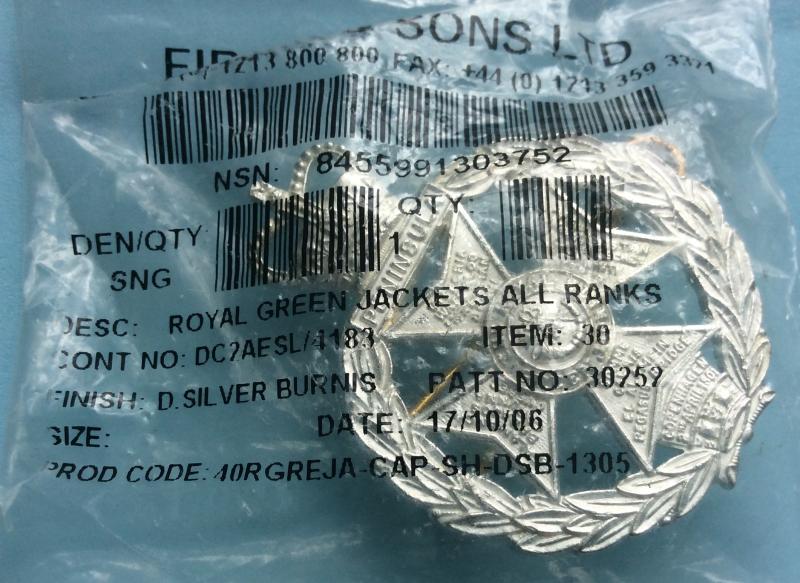 Royal Green Jackets All Ranks Cap Badge Mint in Firmin Issue Packet