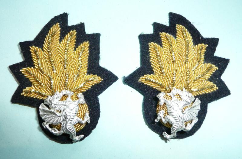 Royal Welch Fusiliers (RWF) Senior NCOs Matched and Facing Pair of Matched  & Facing Collar Badges with Frosted Silver Mounts