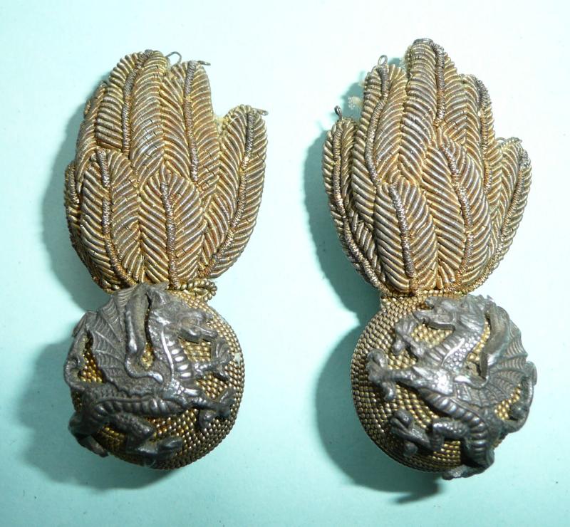 Early Royal Welsh / Welch Fusiliers (RWF) Matched and Facing Upright Bullion Collar Badges with Silver Plated Mounts