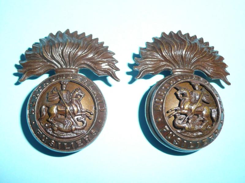 WW1 Northumberland Fusiliers (NF) Officers OSD Matched Facing Pair of Bronze finish Collar Badges  - Gaunt Tablets