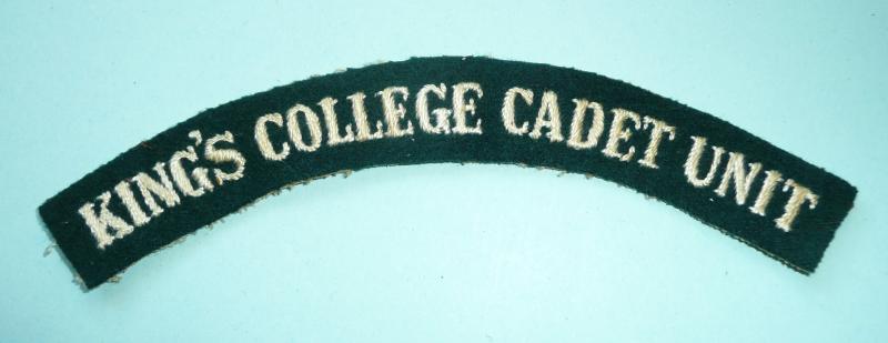 Early Kings College Cadet Unit Woven White on Green Felt Cloth Shoulder Title