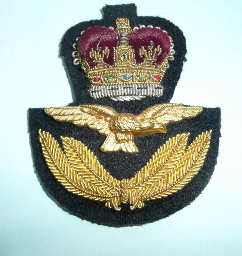 Royal Air Force (RAF) Queens Kings Crown Bullion Peak Cap Badge