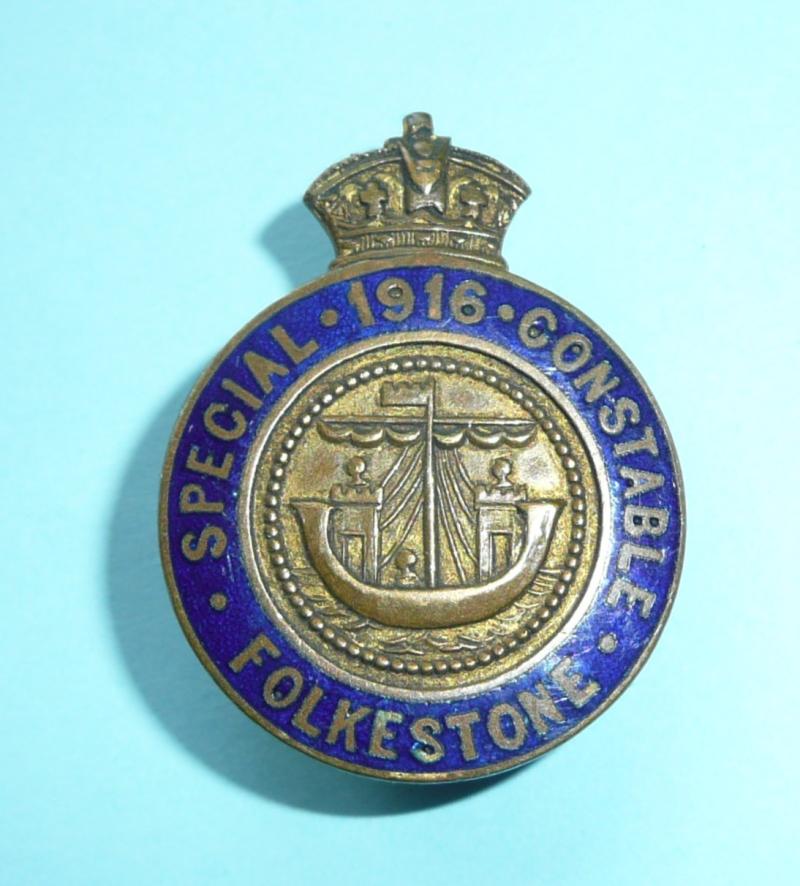 WW1 Folkstone Special Constable Constabulary Police Mufti Lapel Buttonhole Enamel and Brass Badge - Dated 1916