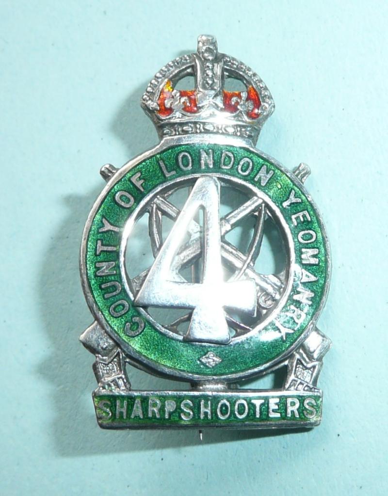 WW2 4th County of London (Sharpshooters) Hallmarked Silver & Enamel Sweetheart Brooch Badge