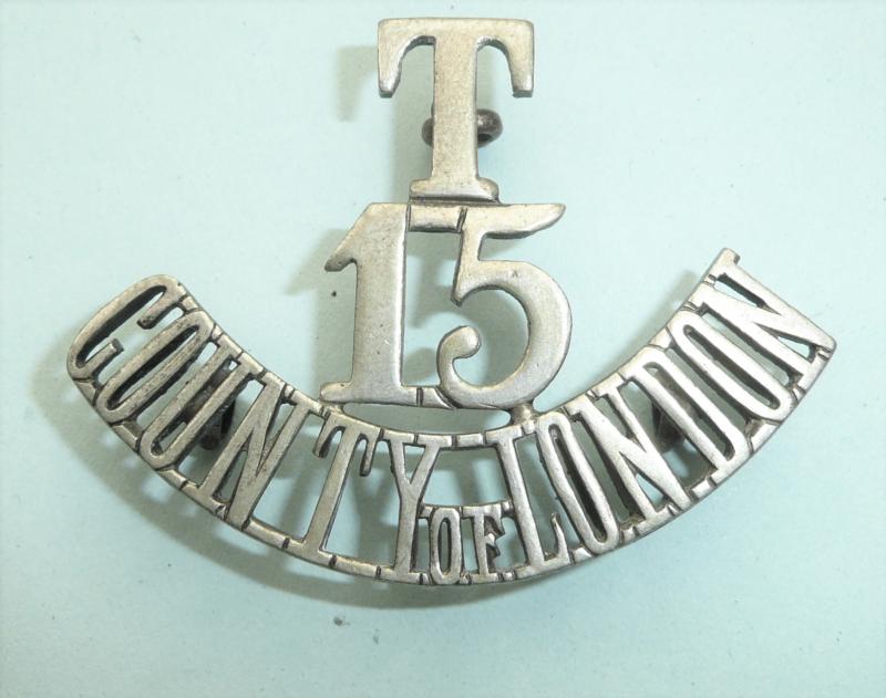 T/ 15/ County of London 15th County of London Battalion The London Regiment (Civil Service Rifles) One Piece White Metal Shoulder Title