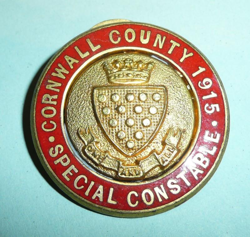 WW1 County of Cornwall Special Constable Constabulary Police Enamel and Gilt Mufti Buttonhole Lapel Badge Dated 1915