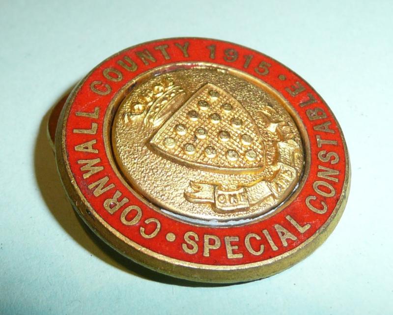 WW1 County of Cornwall Special Constable Constabulary Police Enamel and Gilt Mufti Buttonhole Lapel Badge Dated 1915