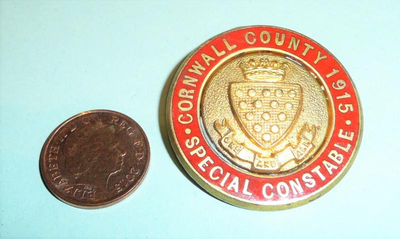 WW1 County of Cornwall Special Constable Constabulary Police Enamel and Gilt Mufti Buttonhole Lapel Badge Dated 1915