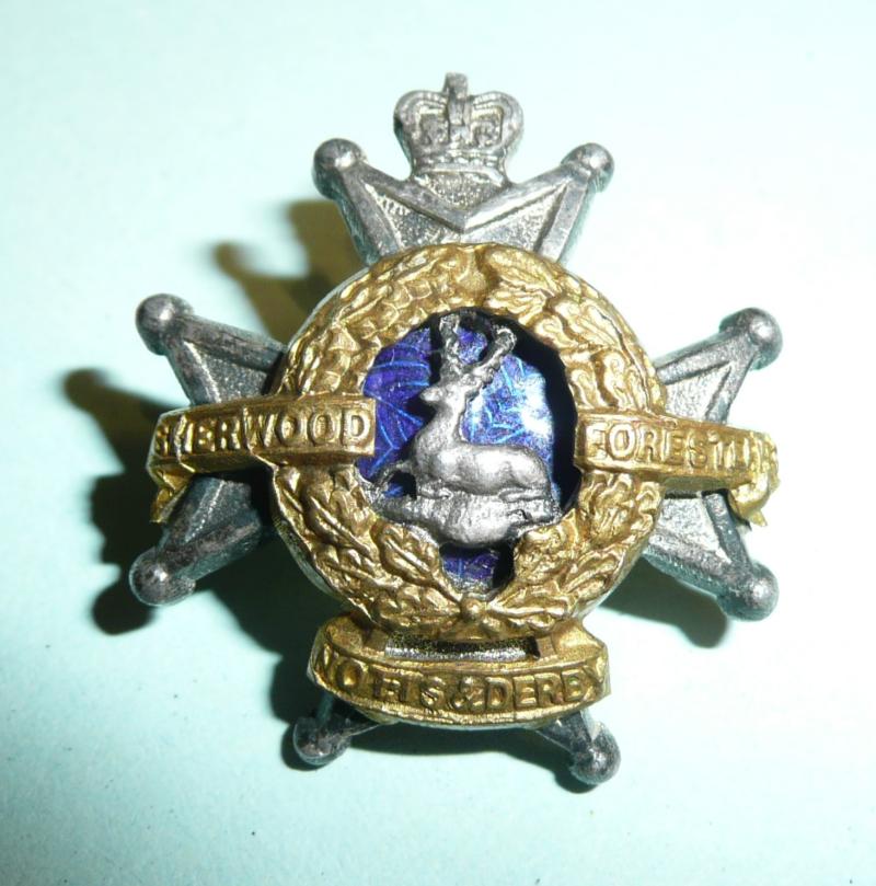 Sherwood Foresters (Notts & Derby Regiment) Officers Silver Plate Gilt and Enamel Collar Badge / Forage Cap Badge