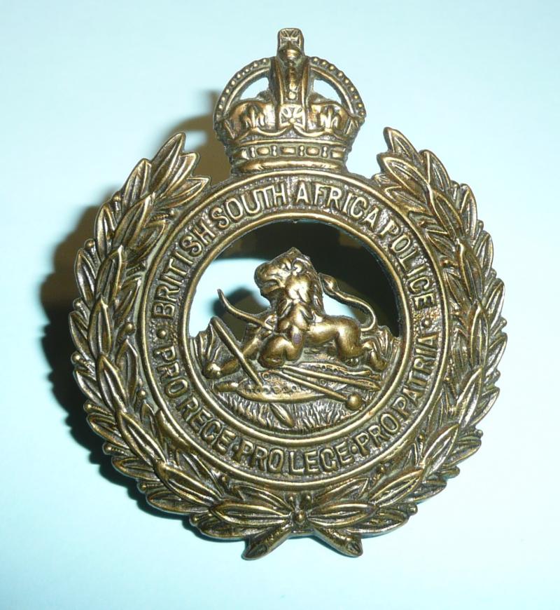 Rhodesia British South Africa Police Brass Helmet Plate and Cap Badge, Voided