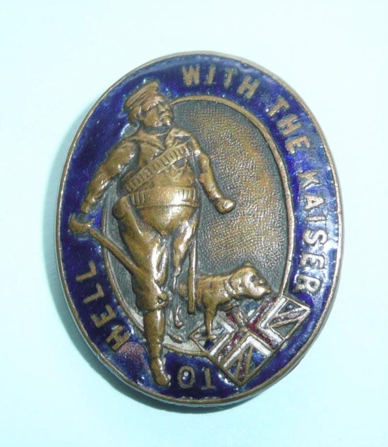 WW1 Patriotic John Bull and British BullDog Enamel & Brass Buttonhole Lapel Badge - To Hell with the Kaiser!