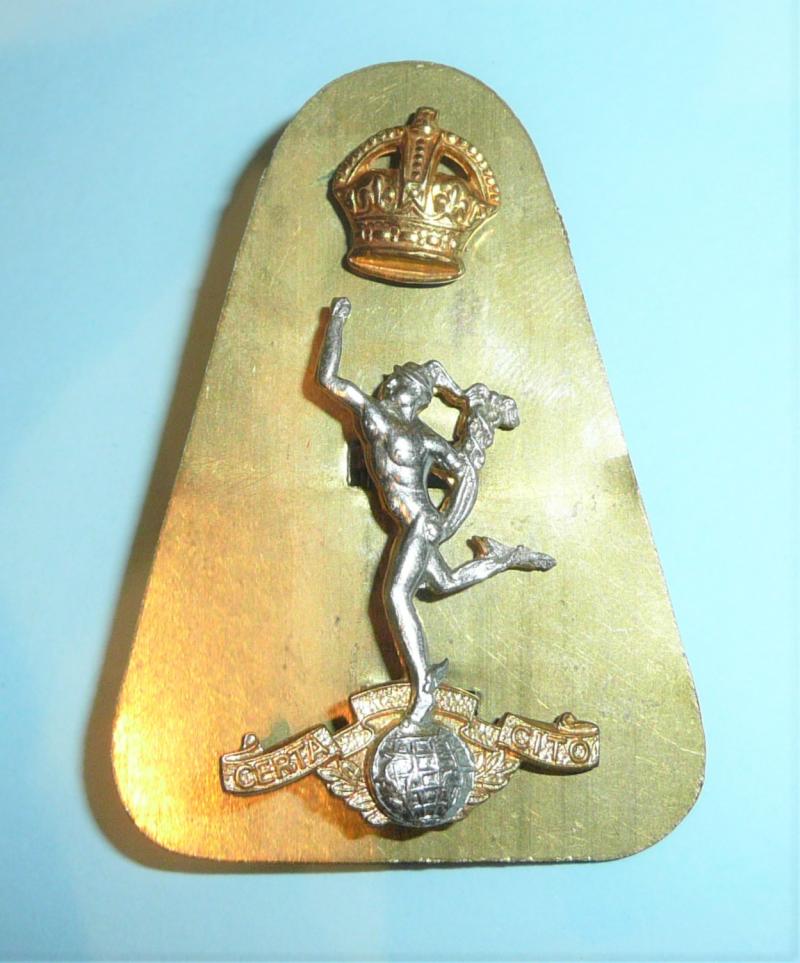 Royal Corps of Signals Bi Metal Officer's 2 Piece Gilt and Silver plated Cap Badge on Backing Plate