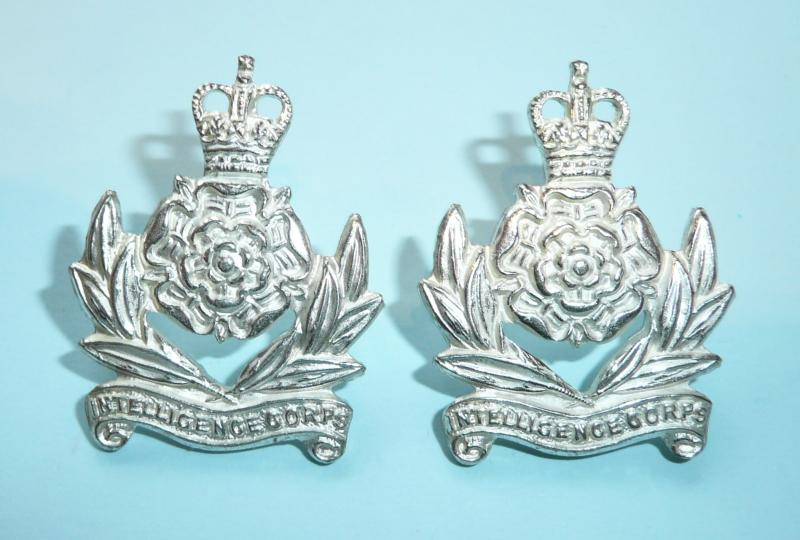 Intelligence Corps Officer's Silver Plated Matched Pair of Collar Badges QE2 Crown - LB&B London
