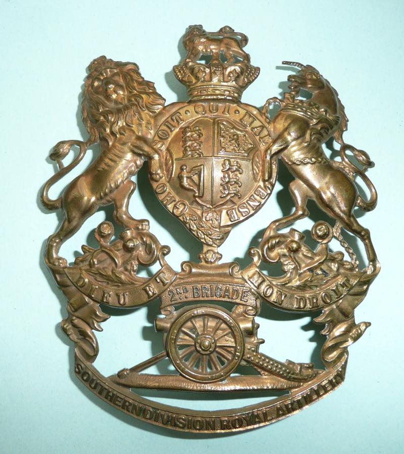 2nd Brigade (Gosport, Hampshire)  South Division Royal Artillery Militia Other Ranks QVC Brass Helmet Plate, 1881 - 1889