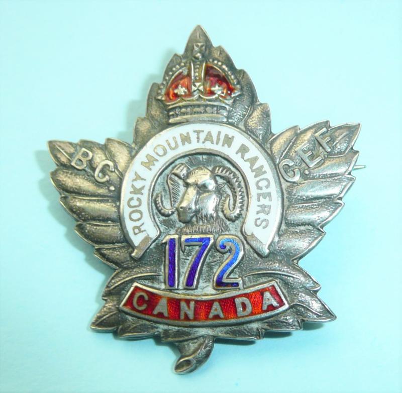Canada WW1 172nd CEF Battalion (British Columbia) The Rocky Mountain Rangers Sterling Silver and Enamel Sweetheart Pin Brooch Badge - TLM