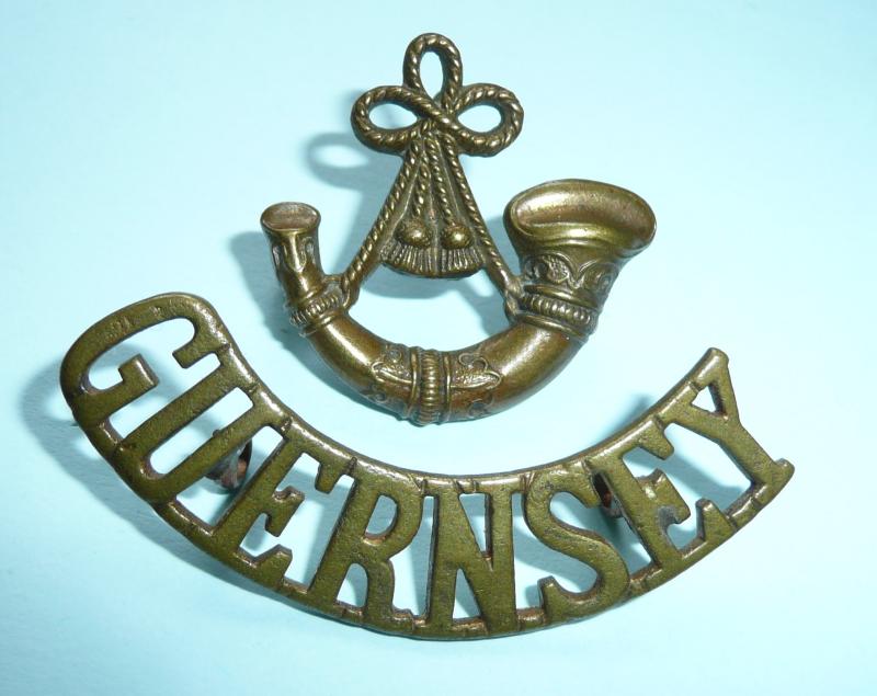 Channel Islands - Royal Guernsey Light Infantry Militia Regiment 2 Part Brass Shoulder Title