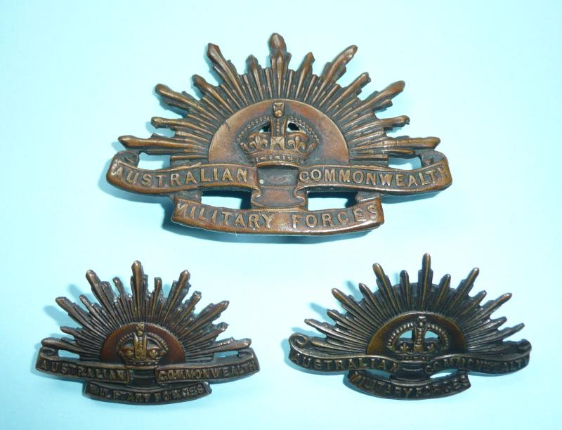 WW1 / WW2 Australian Commonwealth Military Forces Generic Rising Sun Cap Badge and Collar Badges