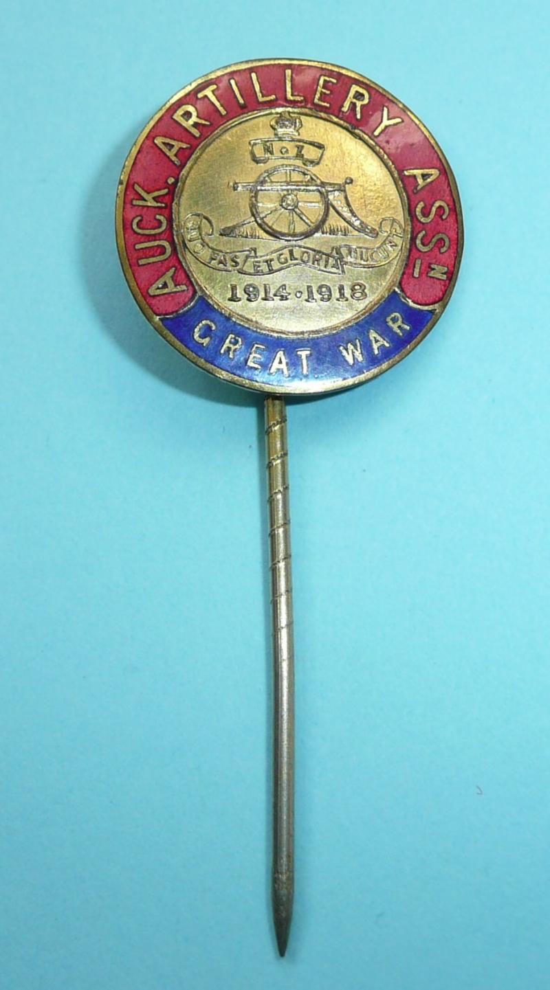 WW1 New Zealand - Auck (Auckland) Artillery Association  Gilt & Enamel Tie Stick Pin Lapel Pin Brooch Badge - 1914 - 1918