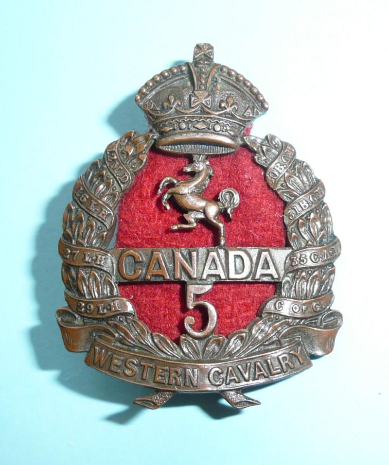 WW1 Canada - 5th Infantry Battalion (Western Cavalry) Canadian Expeditionary Force (CEF) Officer's Bronze OSD Cap Badge