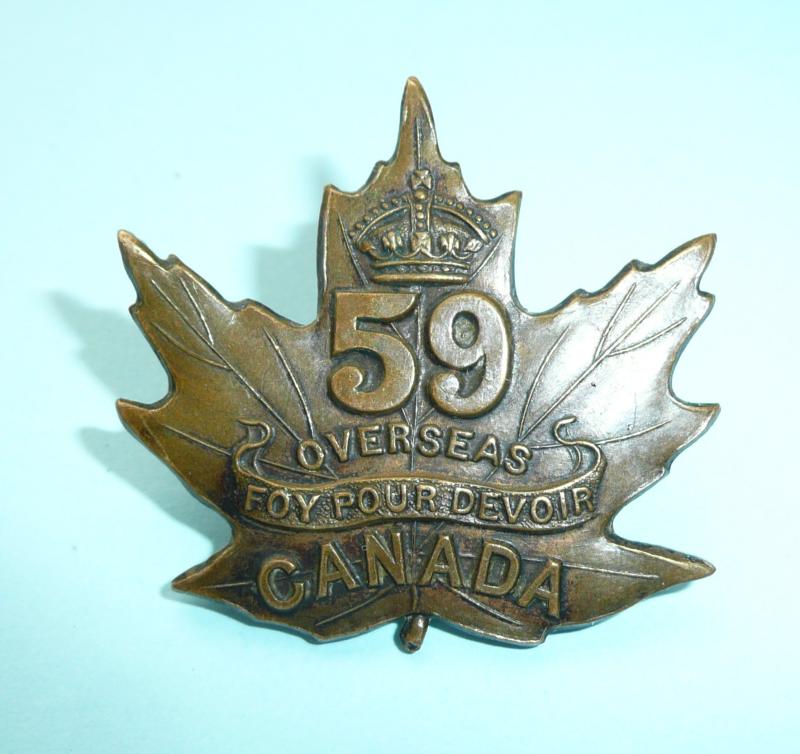 WW1 Canada - 59th Battalion CEF Canadian Expeditionary Force Cap Badge - Kinnear 1915
