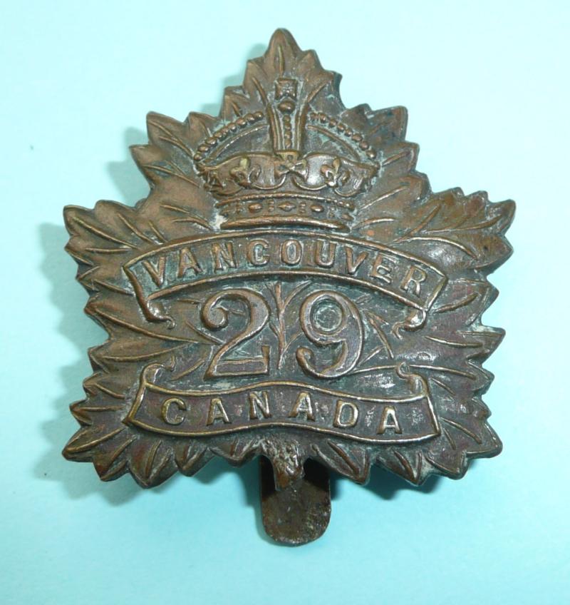 WW1 Canada - 29th (Vancouver) Battalion CEF Canadian Expeditionary Force Pickled Bronze Cap Badge - Tiptaft