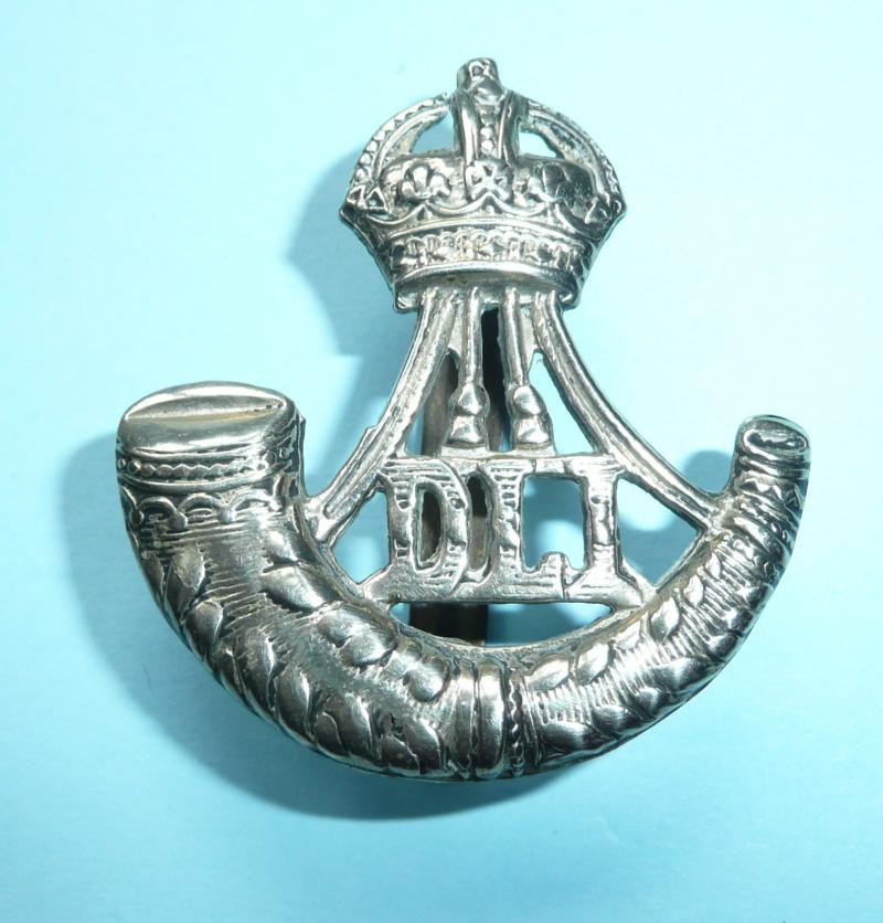 Durham Light Infantry DLI White Metal Cap Badge (Fat Bugle Variety), King's Crown