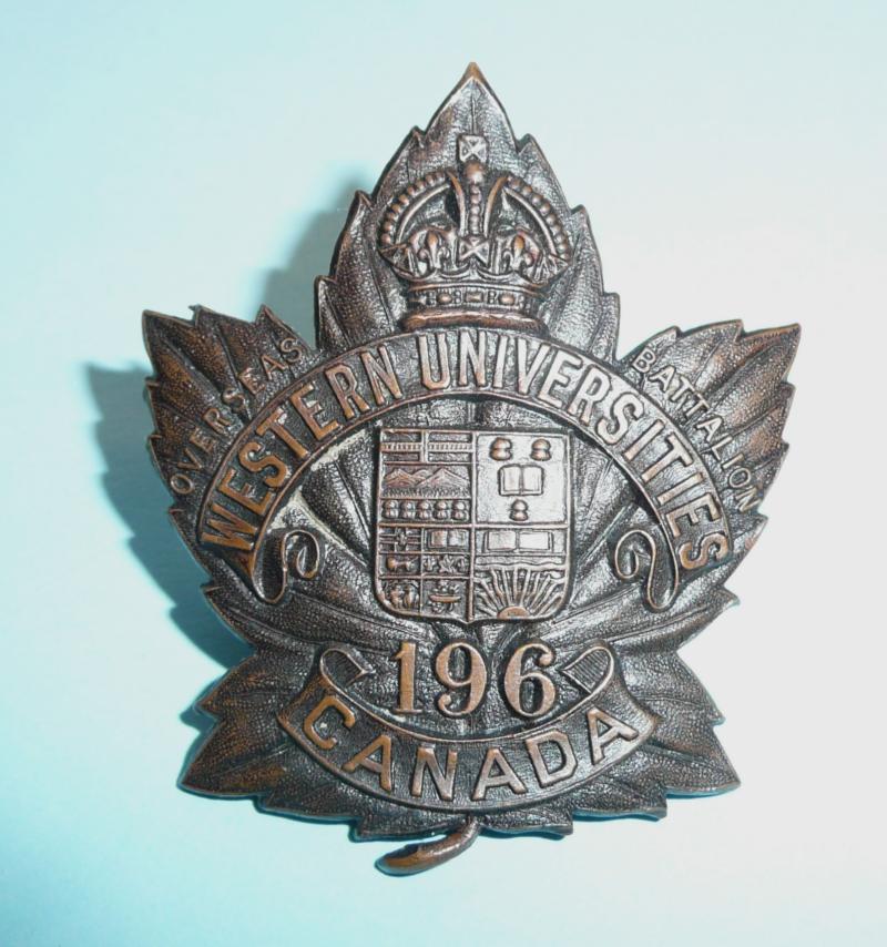 WW1 Canada - 196th British Columbia Western Universities Infantry Battalion CEF Canadian Expeditionary Force Cap Badge - Tangs