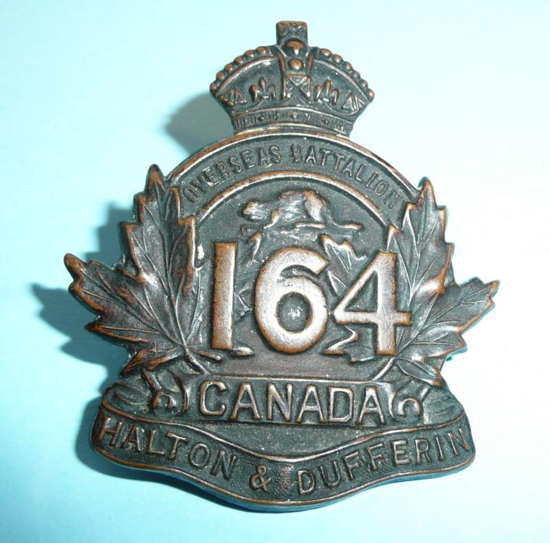 WW1 Canada - 164th CEF Halton & Dufferin Infantry Battalion Canadian Expeditionary Force Cap Badge