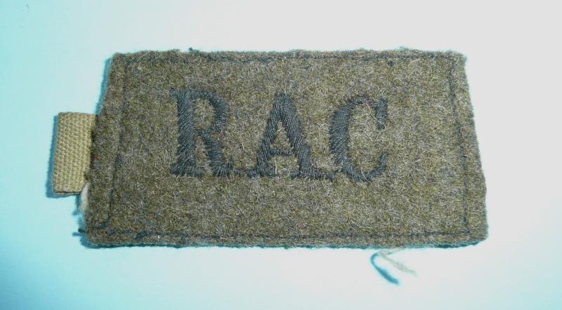 WW2 RAC Royal Armoured Corps Woven Black on Khaki Slip-on Shoulder Title Slide