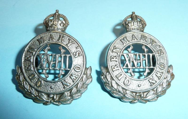18th (Queen Mary's Own) Hussars Matched Pair of White Metal Collar Badges, King's Crown
