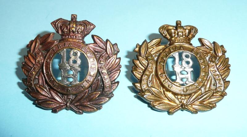 18th Hussars Pair of QVC Victorian Bi-Metal Collar Badges, King's Crown