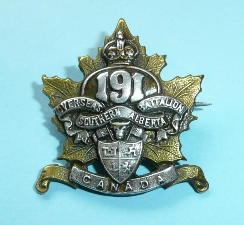 WW1 Canada - 191st CEF Canadian Expeditionary Force Officer's Silver plated and Gilt Brass Collar Badge