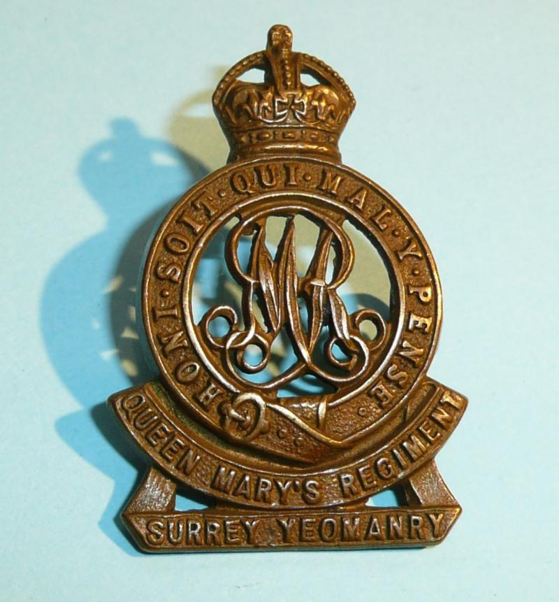 The Surrey Yeomanry (Lancers) (Queen Mary's Regiment) Brass Other Ranks Smaller Pattern Cap Badge