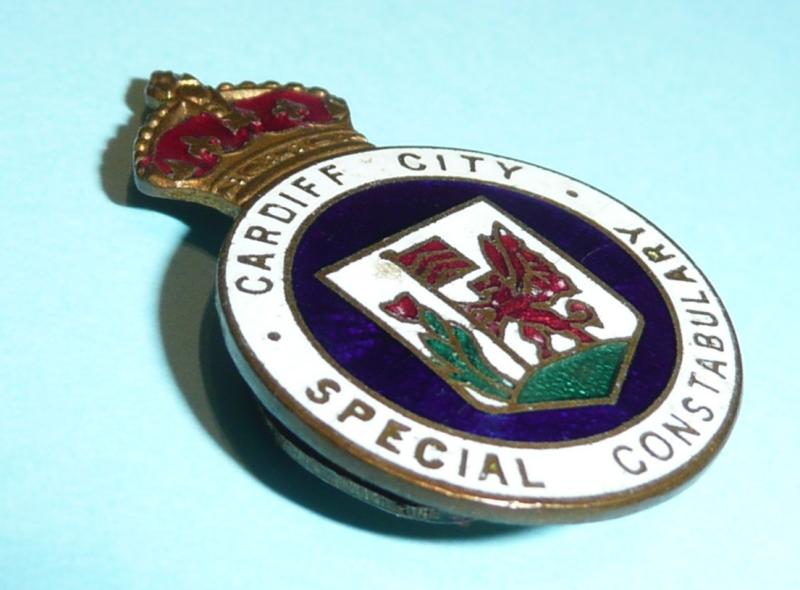 WW2 Cardiff City (Wales / Welsh) Special Constable Constabulary Police Gilt and Enamel Mufti Buttonhole Lapel Badge